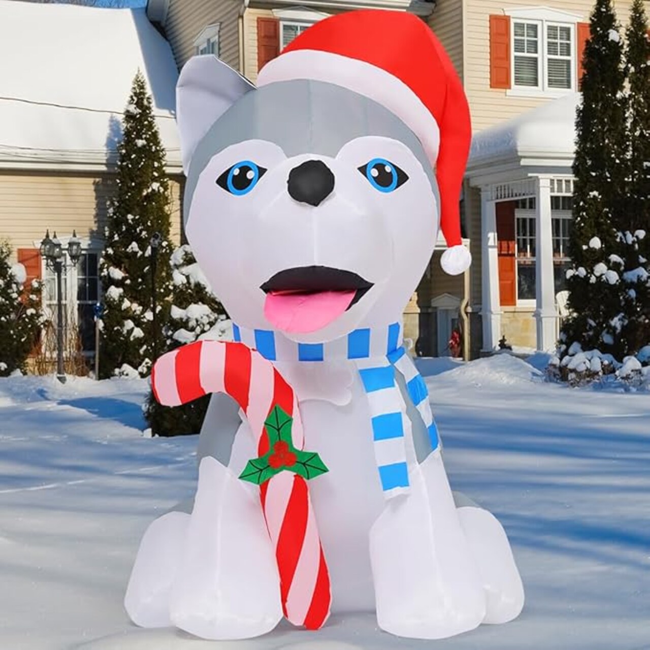 GOOSH 4 FT Christmas Inflatables Husky Dogs Holding Candy Cane with Built-in LEDs
